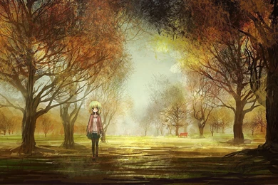 Original Art Girl Landscapes Anime Trees Park Autumn Fall ...