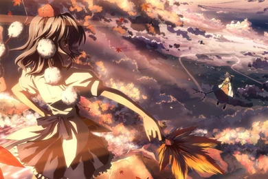 Wallpaper: Anime Girls, Flying, Sky, Cloudscape, Maple Leaves ...