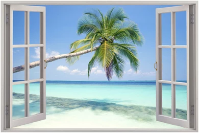 Huge 3D Window Exotic Beach View Wall Stickers Film Mural Art ...