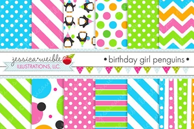 Birthday Girl Penguins Cute Digital Papers Backgrounds For ...