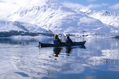 Kayaers Along Snow covered Mountains, Dark Blue, Kayak, Mountains ...