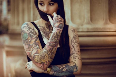 Brunette Girl Tattoos Gloves Photo
