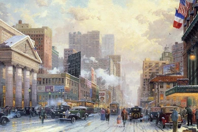 1366x768 Snow On Seventh Avenue, Street, Thomas Kinkade, Winter ...