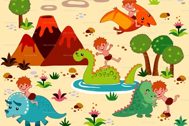Tree Mountain Dinosaur Caveman Prehistory Cute Kawaii Fabric ...