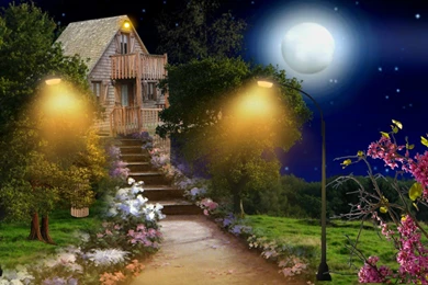 Other: Tree House Flowers Full Moon Magic Night Nature Landscape ...