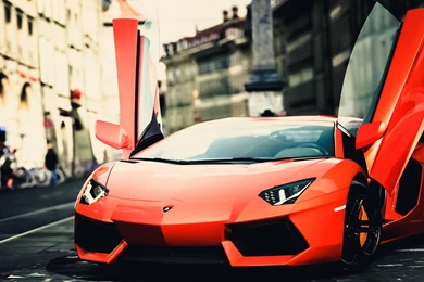 City, Street, Car, Orange, Lamborghini Image Wallpapers