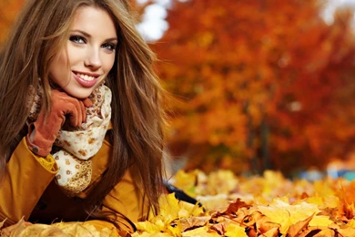 Beautiful Woman On The Fallen Leaves Widescreen Wallpapers