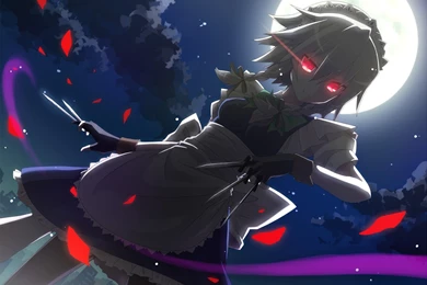 Touhou, Maids, Moon, Izayoi Sakuya, Red Eyes, Knives, White Hair ...