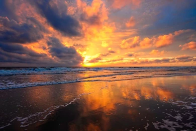 Download Wallpapers 1920x1080 Sunset, Sky, Sea, Clouds, Sand, Wet ...