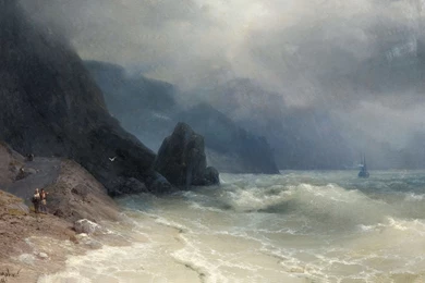 Painting Beach Ocean Fog Ship Boat People Waves Storm Wallpapers ...