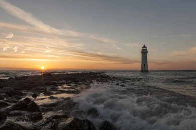 Download Wallpapers 3840x2400 Lake, Sunset, Rocks, Lighthouse Ultra ...