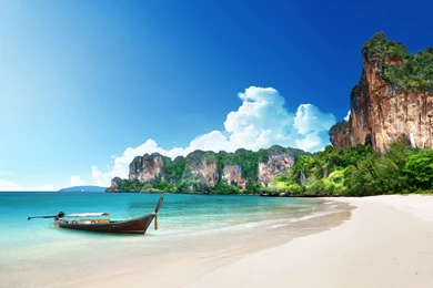 Beaches: Tropical Paradise Coast Sand Sea Beach Boat Desktop ...