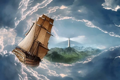 HD Fantasy Sailing Boat And Lighthouse Wallpapers