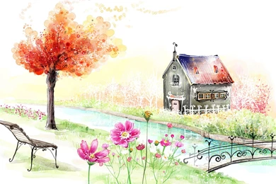 Spring Garden And Home Painting Wallpapers HD Download