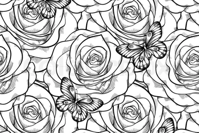 Beautiful Black And White Seamless Pattern In Roses With Contours ...