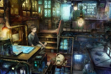 Boy Painting A Cat In The Steampunk City : Desktop And Mobile ...