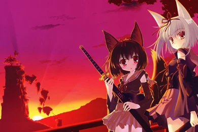 Wallpaper: Kitsune, Girls, Ears, Tail, Sunset, Sweet, Anime Girls ...