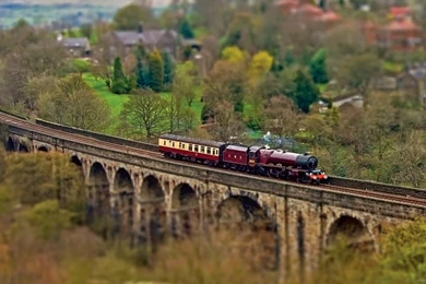 Download 2560x1440 Fancy Red Old Train On A Bridge Wallpapers