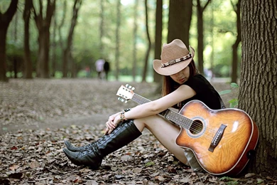 Sad Girl With Guitar Lonely In Jungle