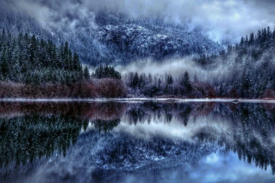 Nature Winter Lake Snow Fog Reflection Clouds Mountains Wallpapers ...