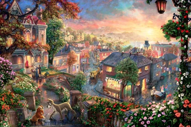 2560x1600 Painting, Lady And The Tramp, Thomas Kinkade, Thomas ...