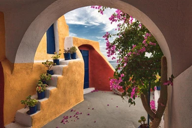 Greece, Garden, Flowers, Unique Architectural Style Pictures ...