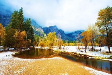 Pejzaž, Drveće, Prvi Snijeg, Voda, Planine Visoke Kvalitete Pozadine