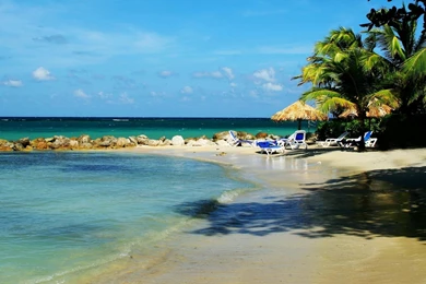 Landscapes Beach Rocks Jamaica Chairs Palm Trees Wallpapers