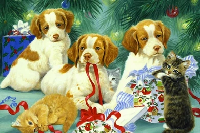 Dogs: Puppies Kittens Xmas New Year Paintings Christmas Cats Dogs ...
