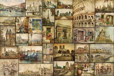 European American Style Hand Painted World Famous Building Large ...