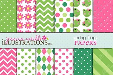 Spring Frogs Cute Digital Papers Backgrounds By JWIllustrations