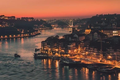 Portugal, City Of Porto, Evening, Lights, River, Bridge, Buildings ...