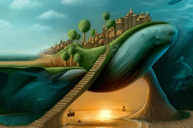 Creative Art: Cave Surreal Town Whales Art Whale Free Desktop ...