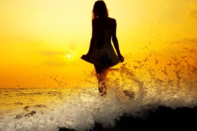 Girl Silhouette In Sea Waves At Sunset Wallpapers For 1920x1080