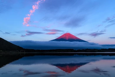 Japan, Fuji Mountain, Evening, Sky, Lake, Reflection, Blue ...