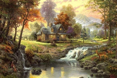 Landscape, Painting, Art, House, Forest, River, Animals Wallpapers ...