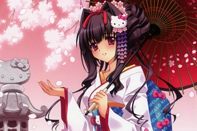 Download Wallpapers Hello, Kitty, Girl, Geisha, Sakura, Kimono ...