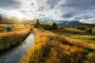Sunrays Sunrise Cloud Field Yellowed Grass, Small River, Trees ...