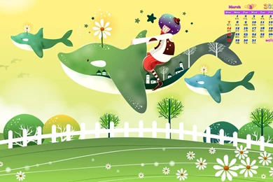 Wallpapers Green Coast Calendar March Dophin Girl Cute 1920x1200 ...