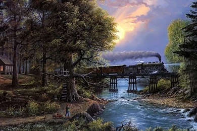 Steam Locomotive Thorugh The Forest, River, Bridge, Tree, House ...