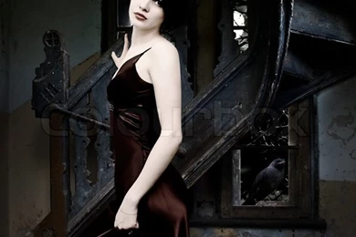 Woman And Raven Inside The Dark Castle In The Night