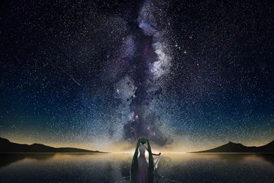 Space, Mountain, Horizon, Stars, Shooting Stars, Lake, Hatsune ...