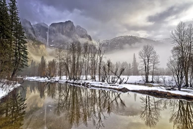 Yosemite Valley California Mountains Trees Winter River Landscape ...