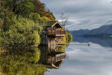 Stone House On The Lake, Water, Tree, Pier, Sky, Cloud, Nature ...