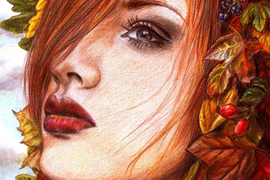 Painting Art Eyes Face Glance Redhead Girl Hair Red Lips Girls ...