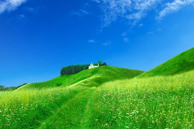 Wallpapers Meadow, Hill, Grass, Church Desktop Wallpapers » Nature ...