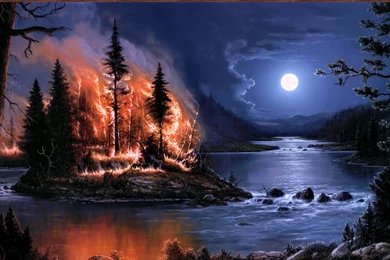 Download Wallpapers 3840x2160 Fire, Full Moon, Night, River, Wood ...