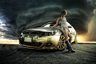 The Girl At The Gold BMW Against The Backdrop Of A Hurricane ...