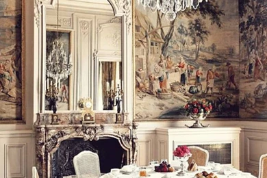 French Interior In Dining Room With Chandelier And Wallpapers And ...