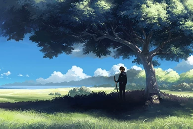 Download Wallpapers Man, Tree, Shadow, Clouds, Horizon, Anime ...